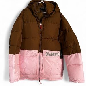 DIAMOND Puffer Hoodie Colorblock Jacket w/Double Zippers